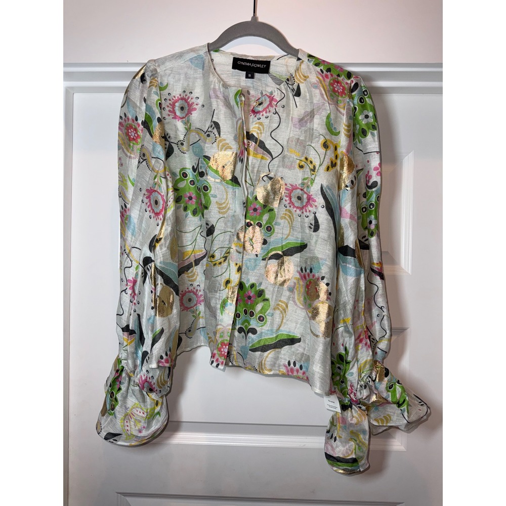 Cynthia Rowley Love Locket Linen Silk Puff Sleeve Blouse Gold Foil Ivory Small - Picture 8 of 13